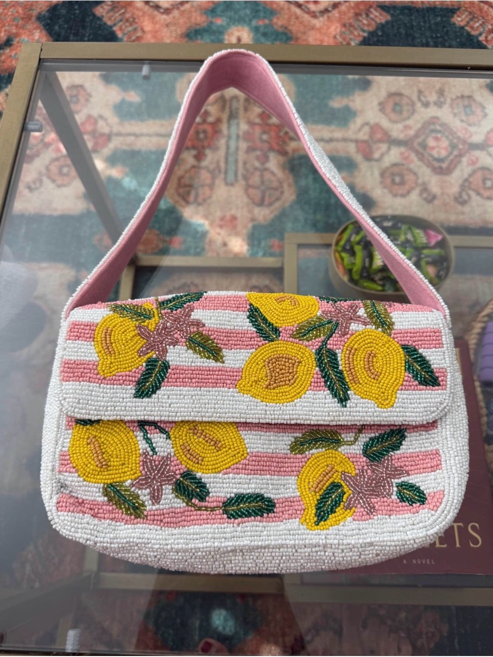 Hand-Beaded Pink & Yellow Floral Shoulder Bag